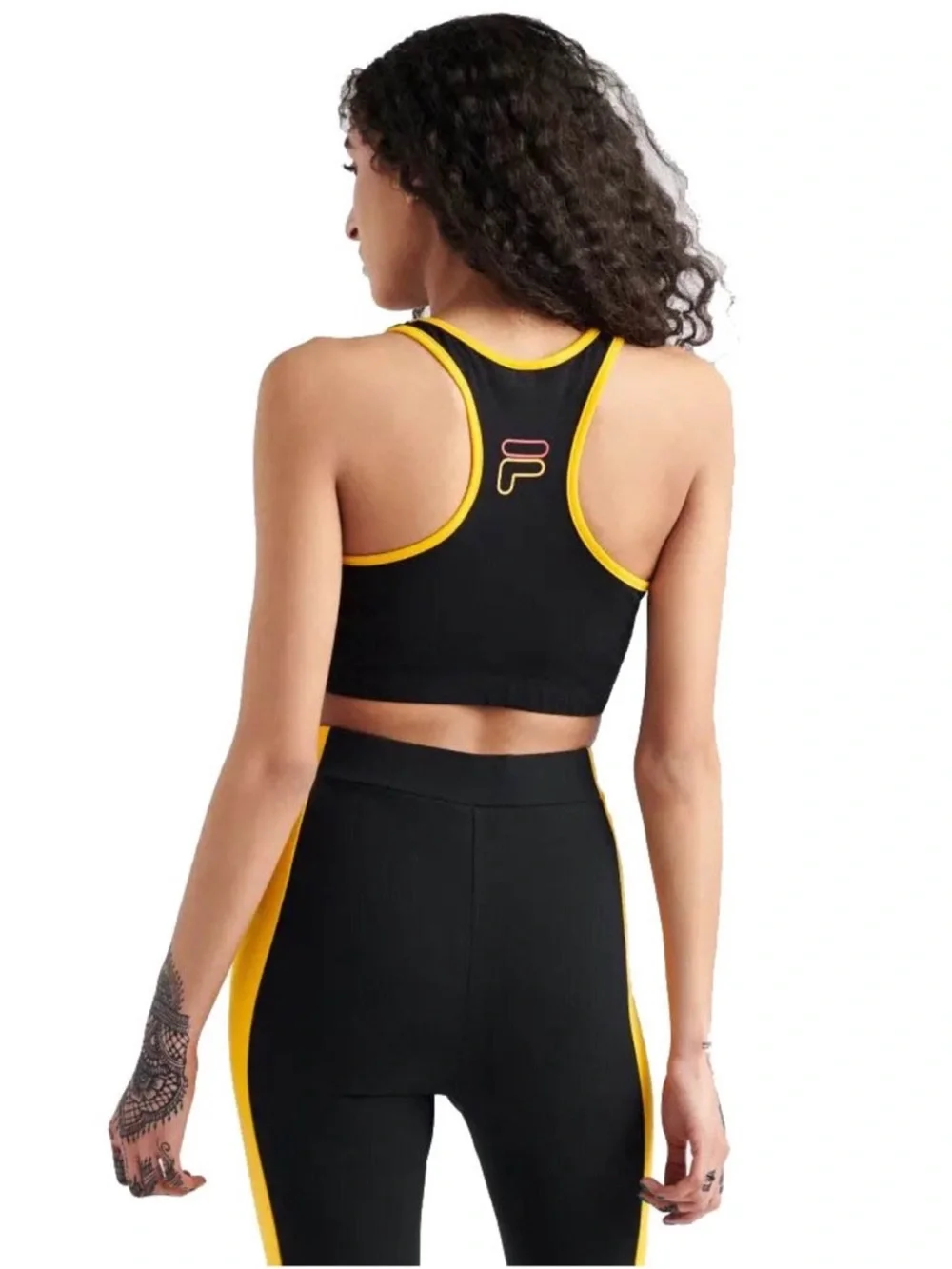 NWT FILA Rebeca Racerback Crop Top Bra Yellow Black Logo Cotton Sports Bralette